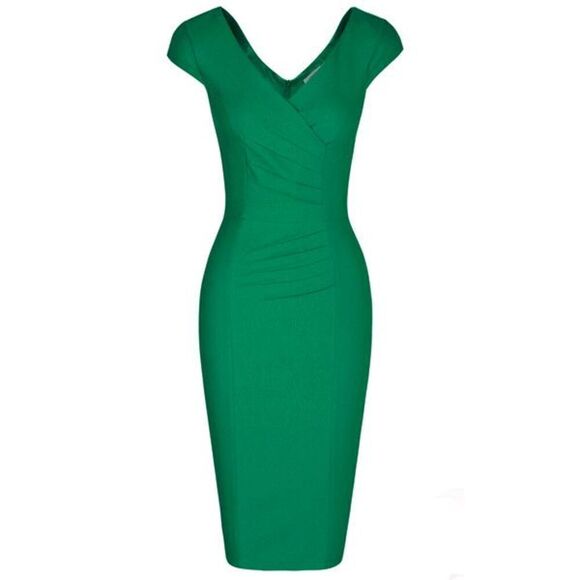 💚 NWT Retro Vintage Pinup 1940s 1950s Ruched Sheath Formal Green Pencil Dress L - Picture 5 of 16